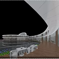 Modern Commercial Street Featuring Curved Architecture Waterfront Deck Outdoor Seating And Pedestrians