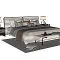Modern Cozy Double Bed With Multiple Pillows Nightstands Table Lamps And Bench 3d model