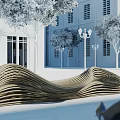 Wavy Wooden Landscape Seating in Modern Public Square with Trees and Streetlights