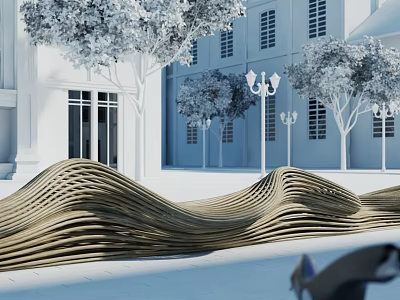 Wavy Wooden Landscape Seating in Modern Public Square with Trees and Streetlights 3d model
