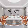 Modern Conference Room Interior With Long White Table Orange White Chairs And Large Screen