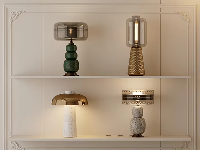 Various Stylish Table Lamps Displayed on White Shelves with Unique Designs 3d model