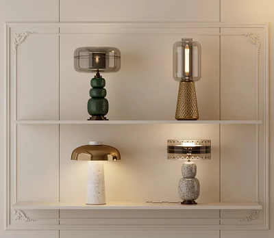 Various Stylish Table Lamps Displayed on White Shelves with Unique Designs 3d model