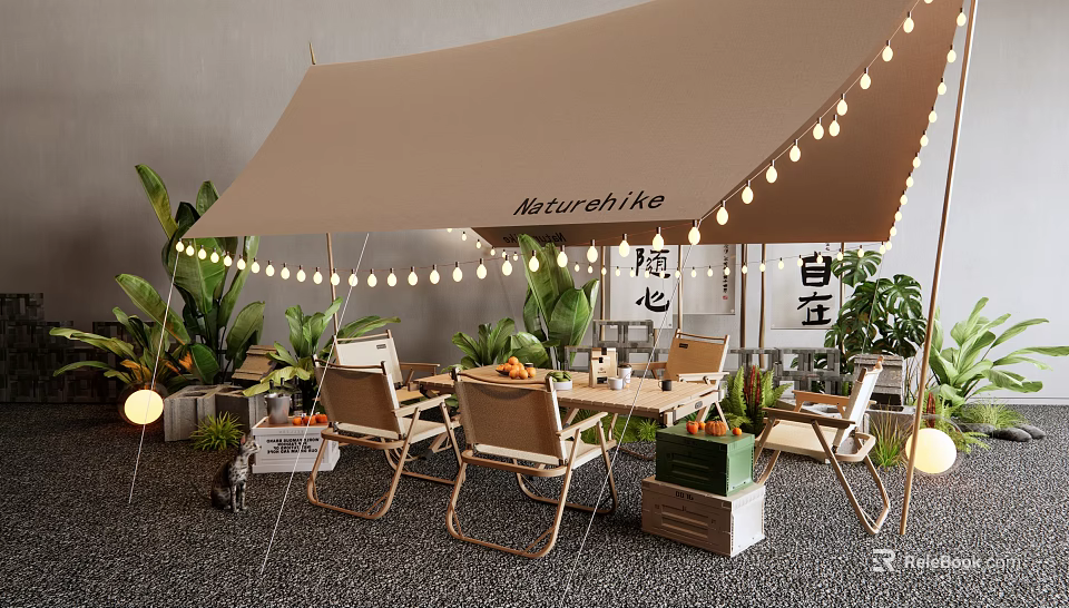 Cozy Outdoor Table And Chairs Setup With Tarp Tent String Lights And Green Plants 3d model 