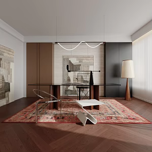 Modern Study Desk Carpet Bookcase Chandelier 3d model