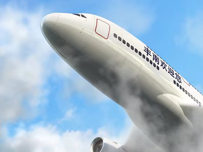 Large White Passenger Plane Flying Through Blue Sky With White Clouds And Smoke 3d model