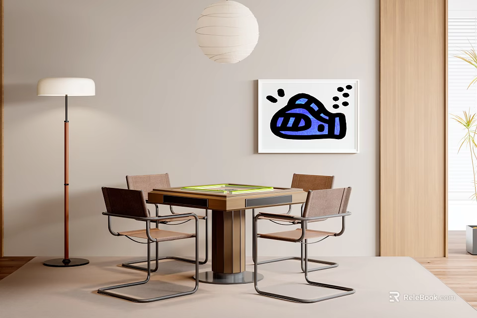 Cozy Modern Hotel Mahjong Room Interior With Wooden Table Comfortable Chairs And Pendant Lamp 3d model 