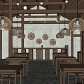 Rustic Restaurant Interior With Wooden Tables Woven Lamps And Straw Decor