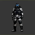 Futuristic Character In Biomechanical Armor Standing With Glowing Blue Visor And Weapon