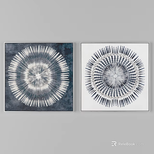 Two Abstract Wall Art Prints With Radial Patterns On Blue And White Backgrounds 3d model
