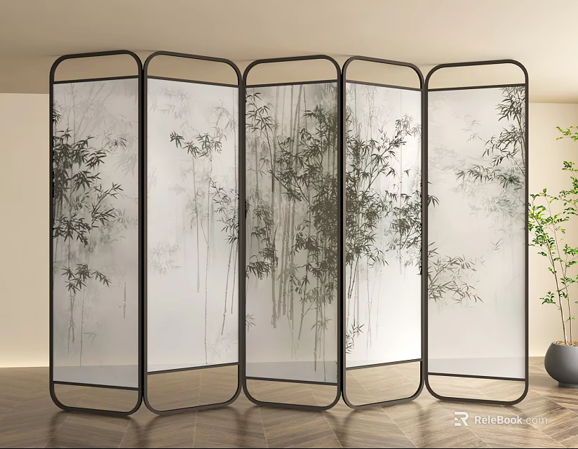 Modern Bamboo Pattern Screen Partition With Metal Frame And Transparent Panels 3d model