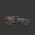 Military Tank With Red Black Camouflage Pattern And Multiple Heavy Duty Wheels