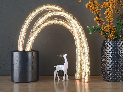 Decorative Arched Illuminated Light With Black Base White Deer Figurine And Floral Vase On Table 3d model