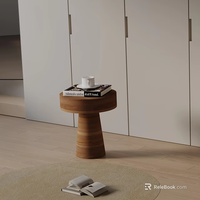 Wooden Side Table with Conical Base Featuring Books and White Cup in Modern Living Room 3d model 