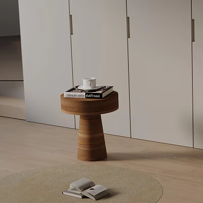 Wooden Side Table with Conical Base Featuring Books and White Cup in Modern Living Room 3d model