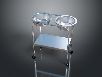 Stainless Steel Double Bowl Pet Feeding Cart With Lower Shelf And Rolling Wheels 3d model
