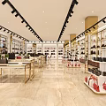 Luxurious Boutique Interior With Shelves Displaying Bags Golden Tables Marble Floor And Spotlights