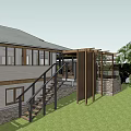Courtyard Garden With House Exterior Wooden Windows Stone Pathway And Green Plants