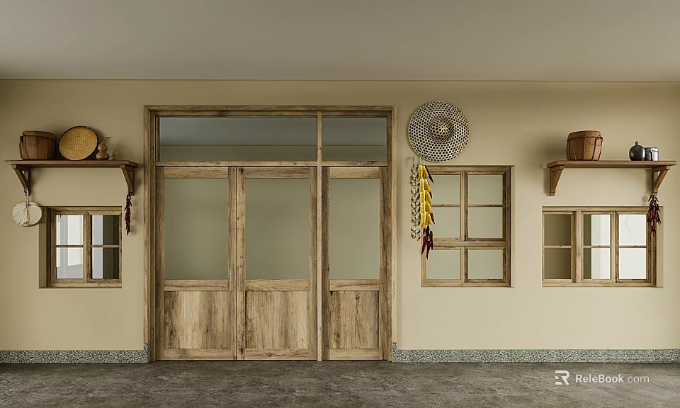 Rustic Interior With Wooden Double Doors Windows Cement Floor And Wall Decorations 3d model 