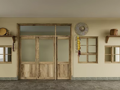 Rustic Interior With Wooden Double Doors Windows Cement Floor And Wall Decorations 3d model