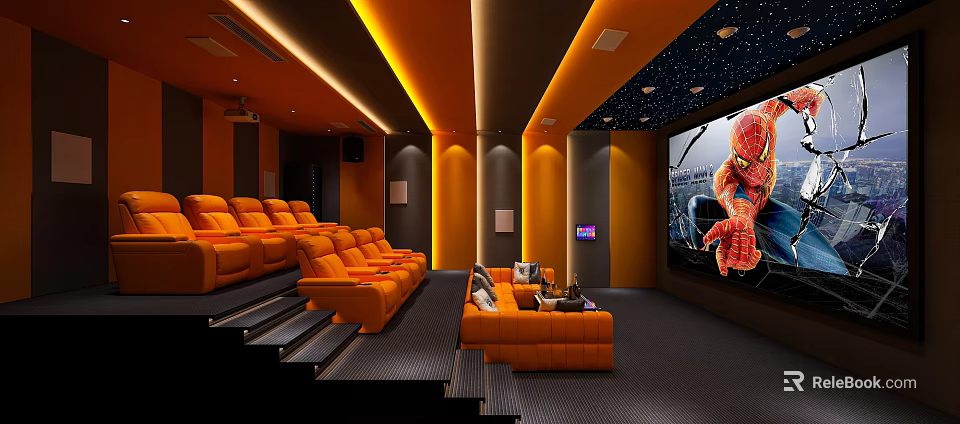 Modern Home Theater with Orange Sofa Starry Ceiling Large Screen Projector and Tiered Seating 3d model 