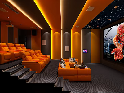 Modern Home Theater with Orange Sofa Starry Ceiling Large Screen Projector and Tiered Seating 3d model