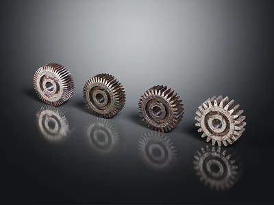 Industrial Hardware Tools Set of Four Metal Gears on Dark Reflective Background 3d model