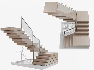 Modern Staircase Featuring Wooden Steps Glass Railings White Pebbles And Small Tree 3d model