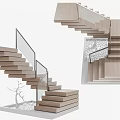 Modern Staircase Featuring Wooden Steps Glass Railings White Pebbles And Small Tree