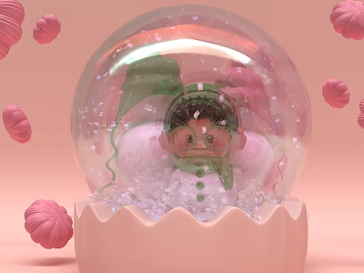 Cute Game Character Inside Transparent Crystal Ball With Green Scarf Glasses Pink Decorations And Sparkles 3d model