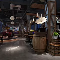 Modern Bar Interior With Curved Wooden Ceiling Lighting Bar Counter Stools TV Screens And Seating Area