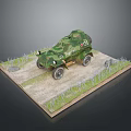 Green Camouflage Tank Model Display With Sand Terrain And Barbed Wire On Base