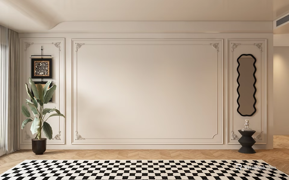 Elegant White Sofa Background Wall With Decorative Trim Green Plant Mirror And Checkered Rug 3d model 