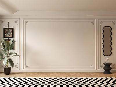 Elegant White Sofa Background Wall With Decorative Trim Green Plant Mirror And Checkered Rug 3d model