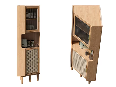 Modern Wooden Decorative Cabinet With Glass Doors Grid Panels And Display Shelves 3d model