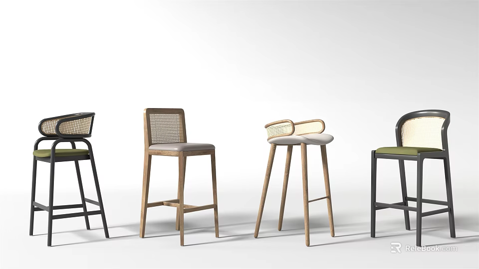 Modern Bar Stools With Rattan Backrest Wooden Legs And Colored Seats 3d model 