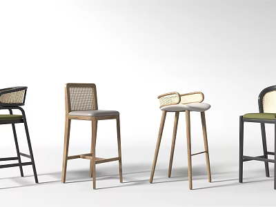 Modern Bar Stools With Rattan Backrest Wooden Legs And Colored Seats 3d model