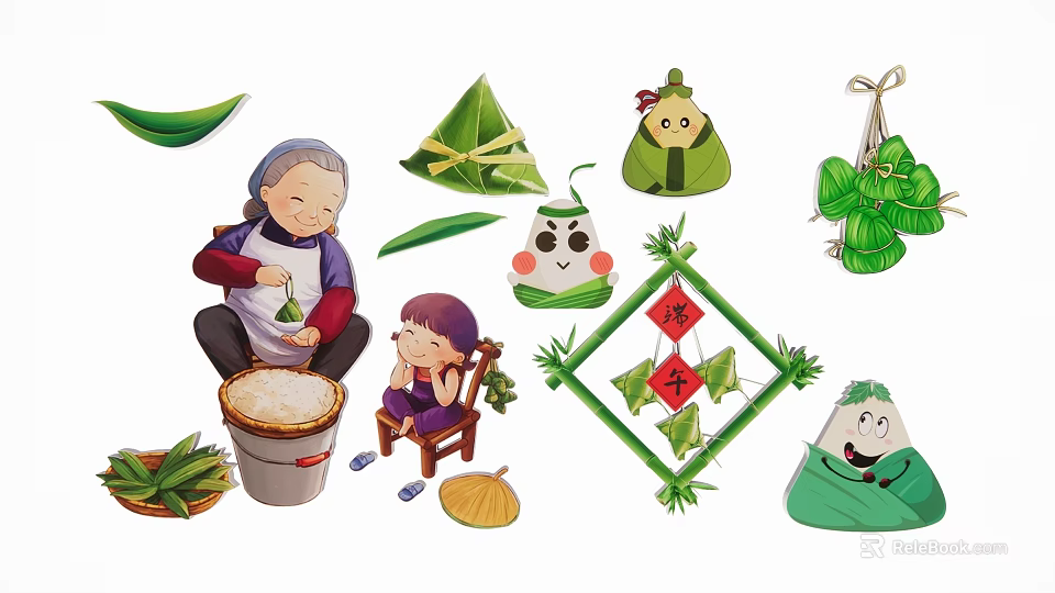 Traditional Zongzi Themed Hanging Decorations with Green Reed Leaves and Family Making Scene 3d model 