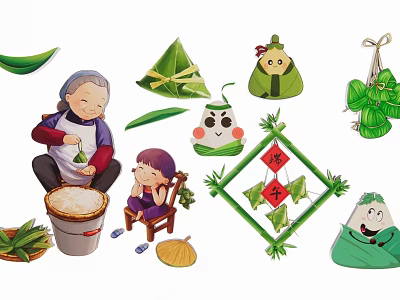 Traditional Zongzi Themed Hanging Decorations with Green Reed Leaves and Family Making Scene 3d model