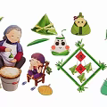 Traditional Zongzi Themed Hanging Decorations with Green Reed Leaves and Family Making Scene