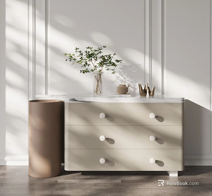 Modern Entryway Cabinet and Side Cabinet With Marble Top Round Knobs Green Plant and Decorative Items 3d model 