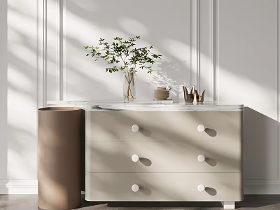 Modern Entryway Cabinet and Side Cabinet With Marble Top Round Knobs Green Plant and Decorative Items 3d model