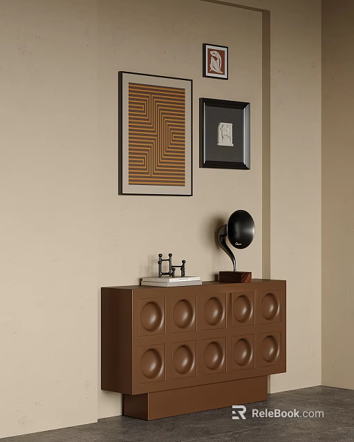 Brown Entryway Side Cabinet With Circular Patterns Table Lamp Decor And Geometric Wall Art 3d model