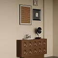 Brown Entryway Side Cabinet With Circular Patterns Table Lamp Decor And Geometric Wall Art 3d model