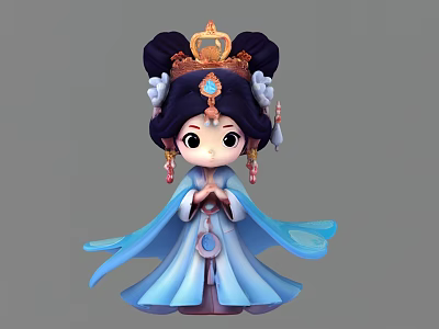 Cartoon Style Ancient Chinese Game Movie Female Character With Bun Hair Crown Blue Robe Jade Pendant 3d model
