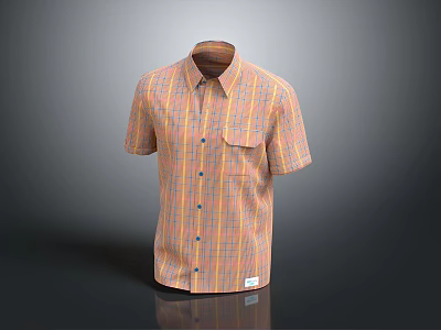 Orange Plaid Short Sleeve Casual Shirt With Chest Pocket And Button Collar 3d model