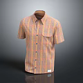 Orange Plaid Short Sleeve Casual Shirt With Chest Pocket And Button Collar