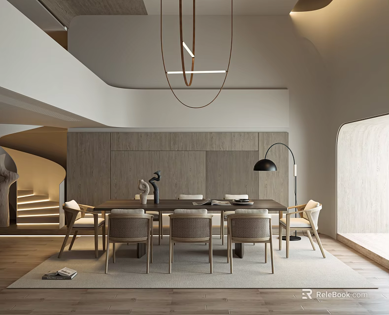 Modern Restaurant Interior Design With Wooden Dining Table And Hanging Pendant Lights 3d model 