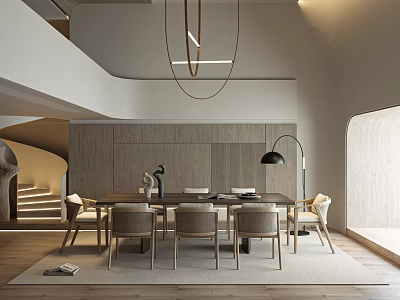 Modern Restaurant Interior Design With Wooden Dining Table And Hanging Pendant Lights 3d model