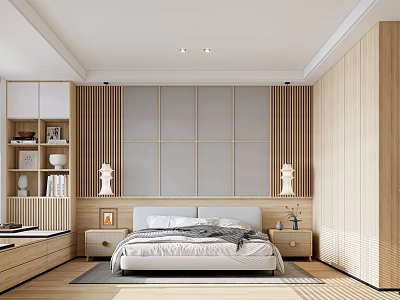 Modern Bedroom Interior With Wooden Panels Bed White Bedding Nightstands And Wooden Flooring 3d model